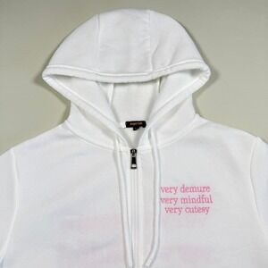 Angel Cult Very Demure Mindful Cutesy White Zip Up Hoodie XS Pink Embroidery